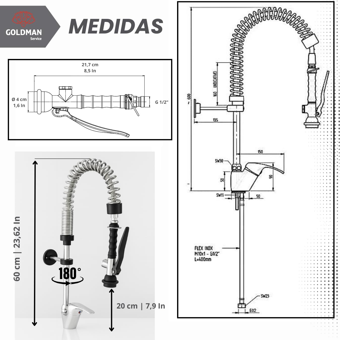 GOLDMAN SERVICE | Grifo Cocina Industrial Monomando Negro Extensible con Rociador | Alcachofa Pulverizadora Eco Saver Hostelería y Hogar | Diseño Compacto Flexible