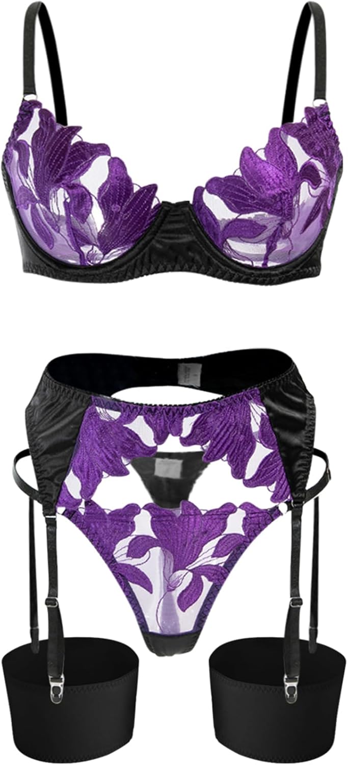 Lilosy Sexy Leaf Floral Embroidered Mesh Sheer Women Underwire Push Up Lingerie Set