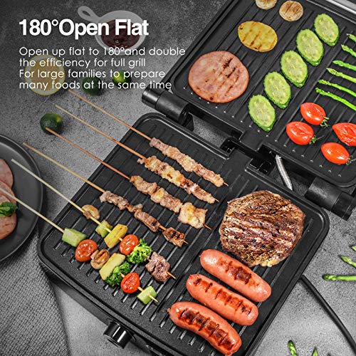 Image of OSTBA Panini Press Grill with Adjustable Temperature, 4-Slice Indoor Grill, 180 Open Sandwich Maker with Drip Tray, Non-Stick Plates, Stainless Steel, 1200W