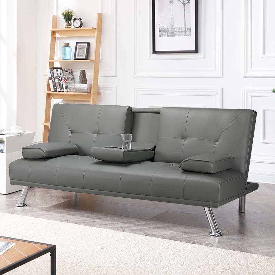 Yaheetech 3er-Sofa Schlafsofa Couch mit Tassenhalter Gästebett, Rückenlehne neigbar 105°/140°/180°, 167 x 81,5 x 75 cm, 350 KG belastbar, grau Kunstleder – Bild 3