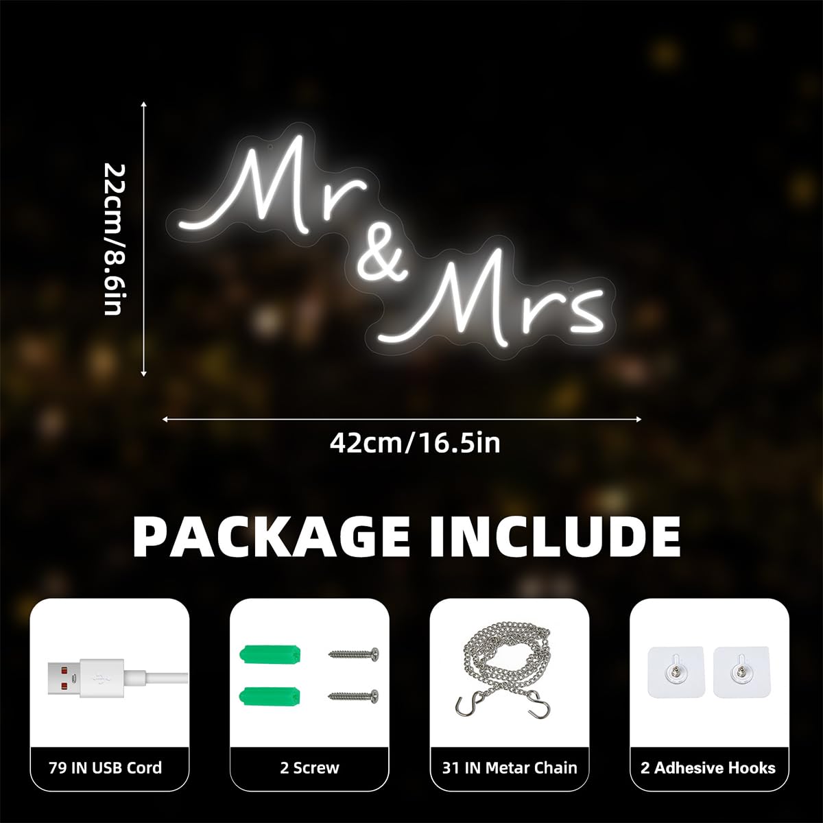 Letrero de neón para decoración de fiesta de boda, 41,9 x 21,8 cm | Mr & Mrs Sign - Decoración de fondo de aniversario para recepción, regalo para recién casados