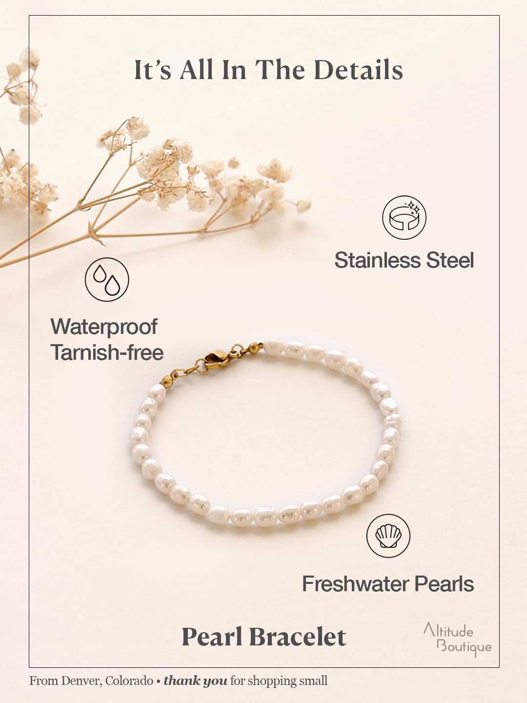 Altitude Boutique Freshwater Pearl Bracelet for Women | Cultured White 6-7mm Pearls | 18K Gold or Silver Plated Stainless Steel Chain, Durable, Hypoallergenic, Classic Design - Image 3