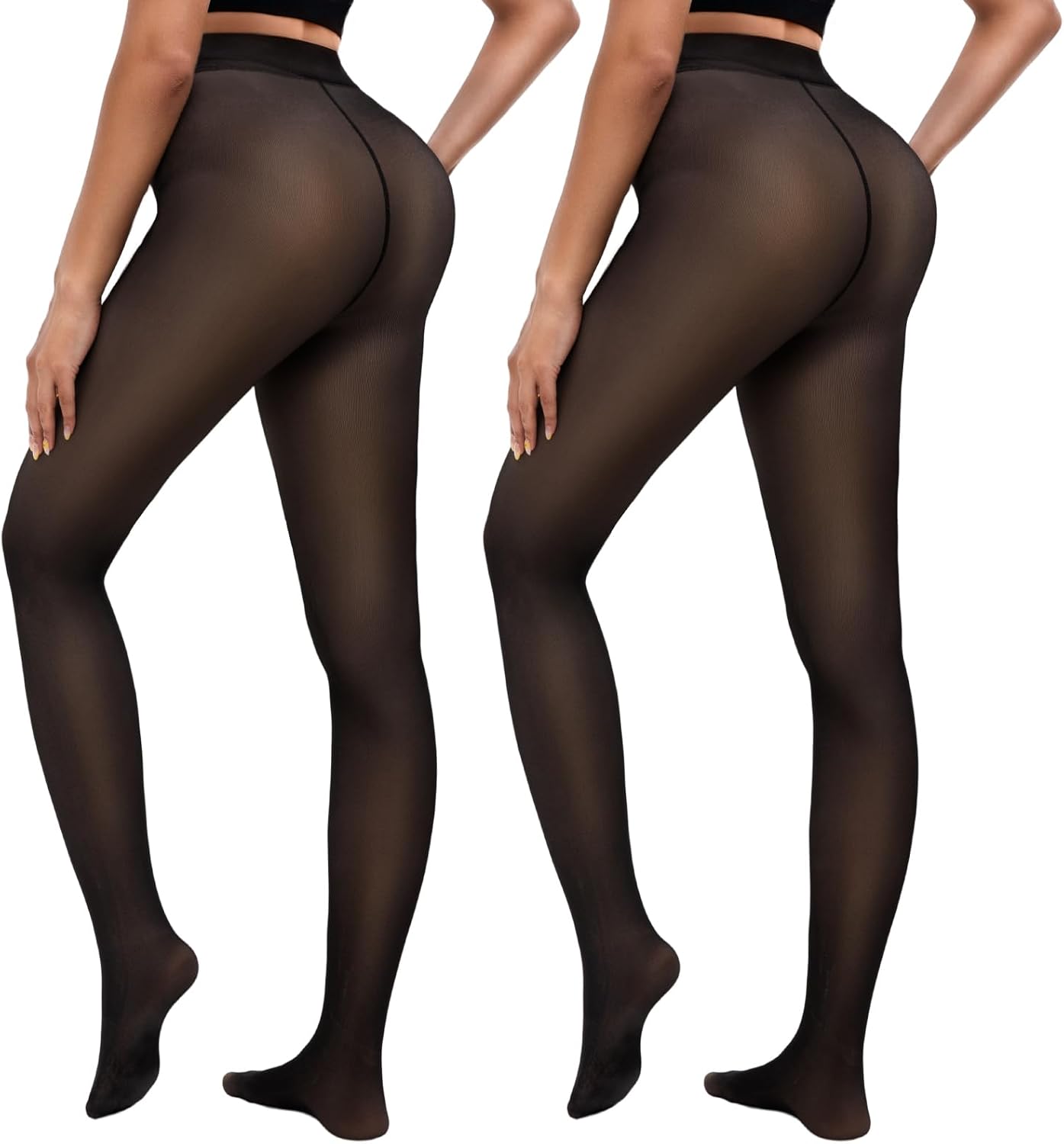 Bebila 2 Pairs Fleece Lined Tights Women Thermal Leggings Sheer Pantyhose Fake Translucent Warm Winter Tight