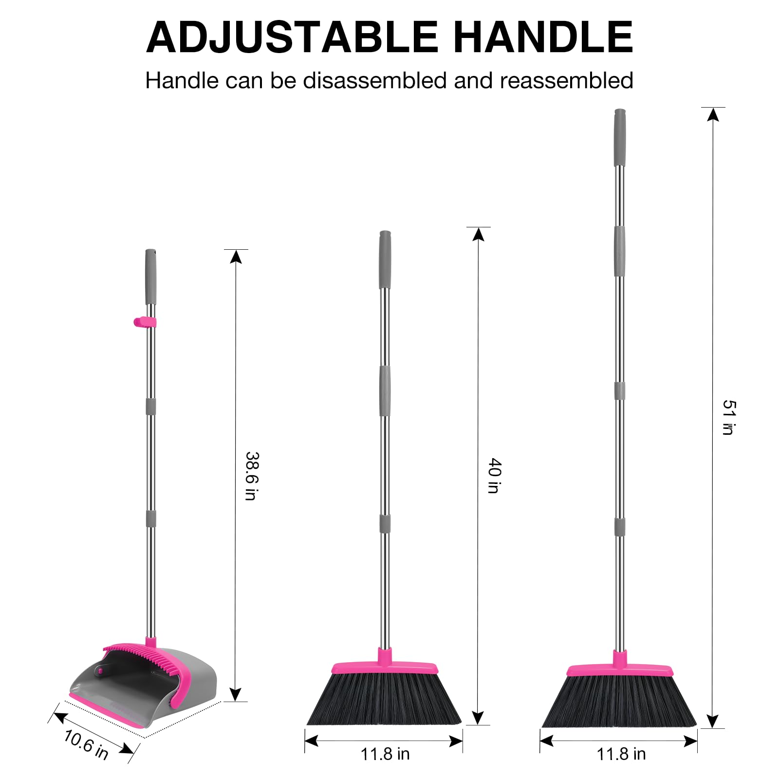 NACENA Set di scopa e paletta, manico regolabile lungo 132,1 cm, con denti per pulire automaticamente i capelli, adatto per casa, cucina, ufficio, corridoio, pavimento (grigio e rosa), confezione da 4