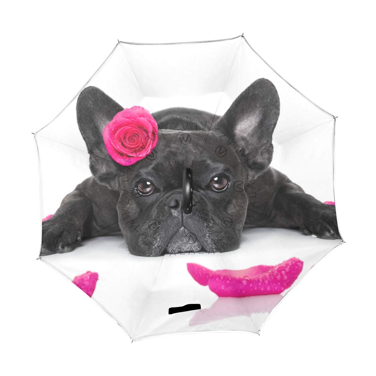 hengpai Reverse Inverted Inside Out Umbrella Cars Dogs French Bulldog with Rose Unigue Windproof UV Proof Double Layer for Women