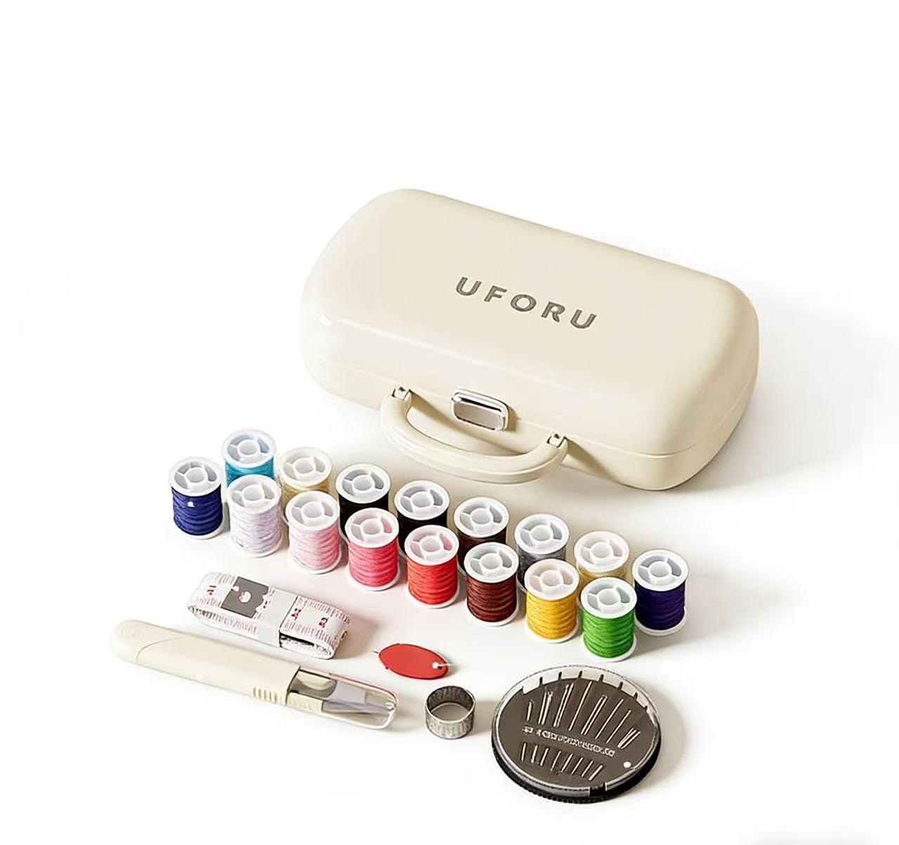 Reflygen Portable Sewing Tool Kit,Multi-Colored Thread Spools,DIY Sewing Accessories,Travel Repair Kit(Cream White)