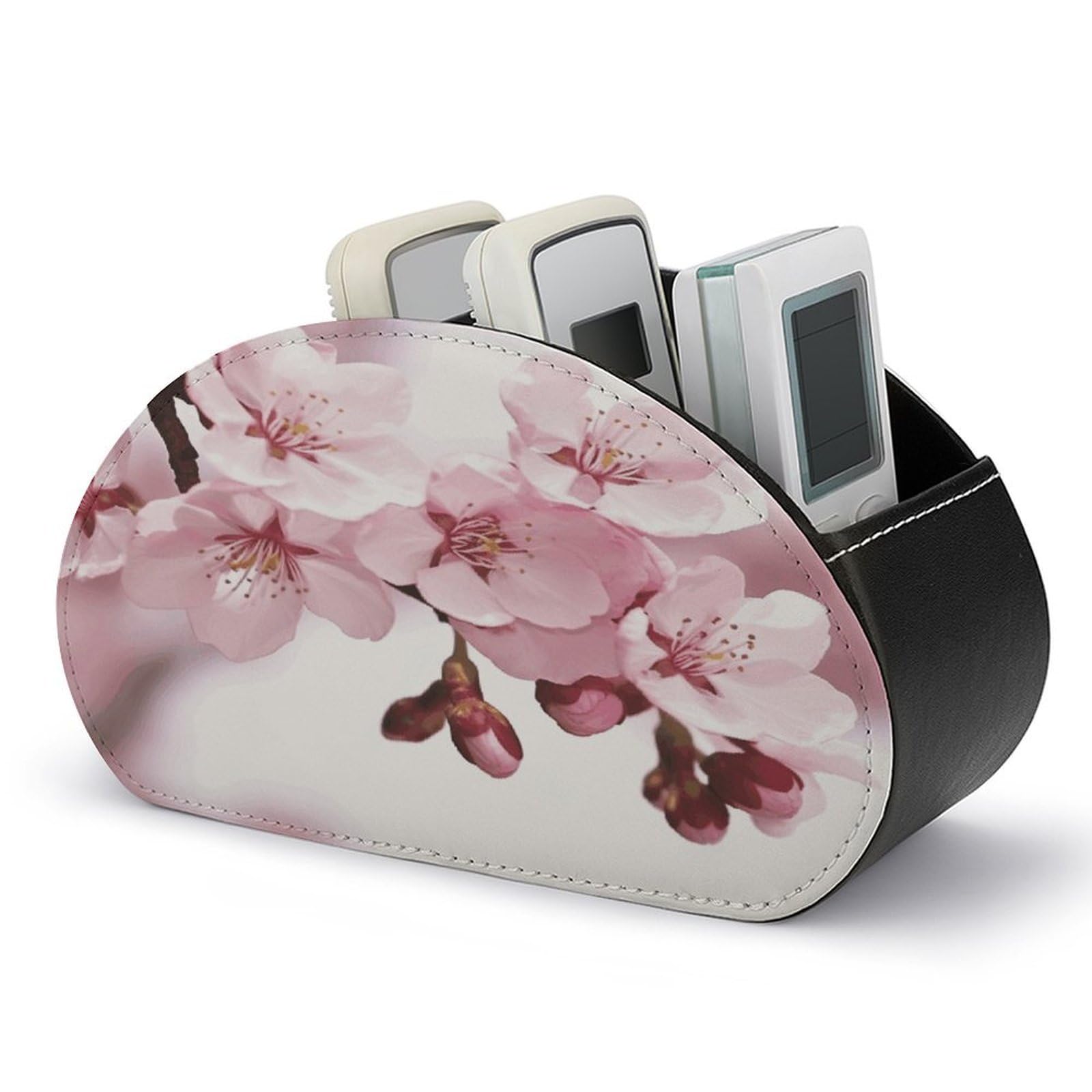 VstaDank Cherry Blossom Remote Control Holder with 5 Compartments PU Leather Remote Caddy Desktop Organizer Store TV Remote Control Storage Box for Home Office Desk Nightstand