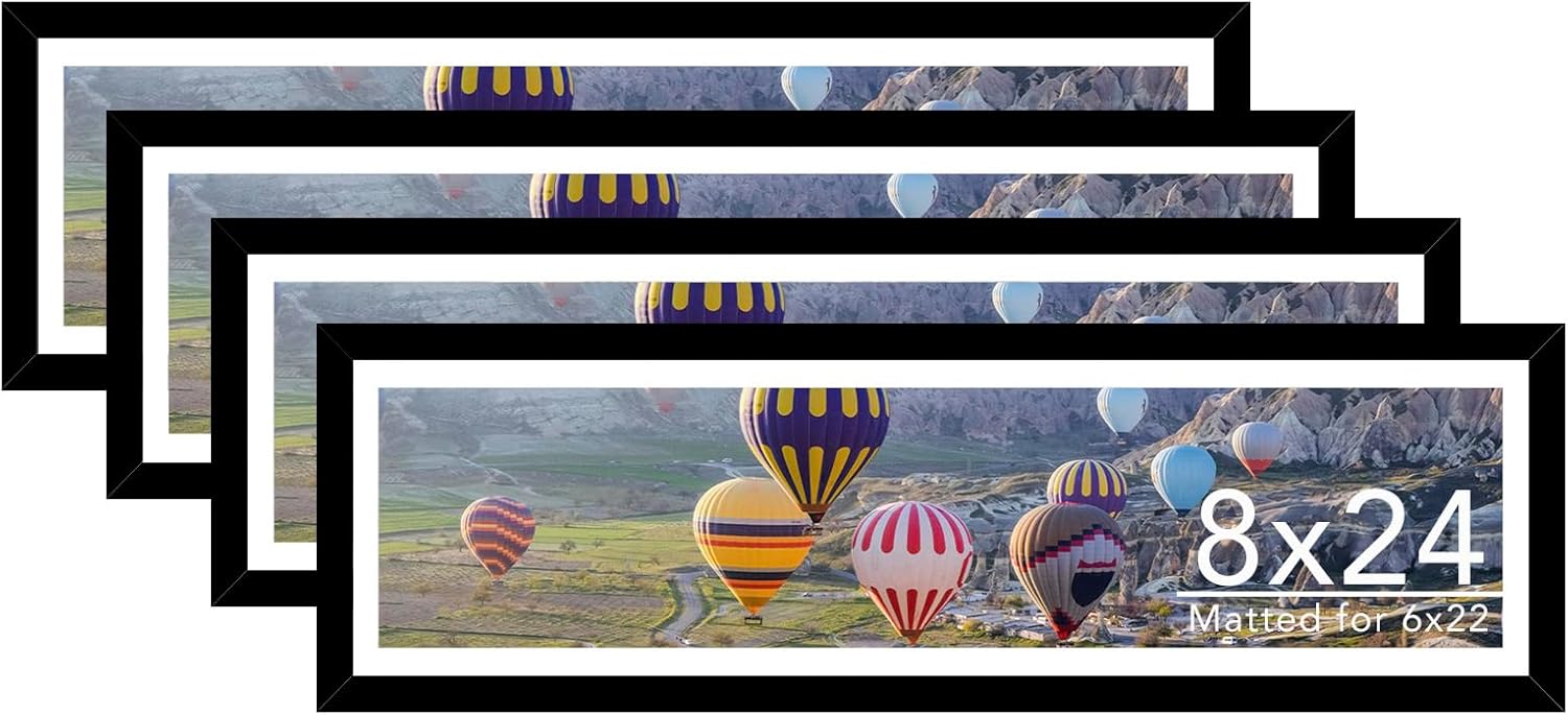 8x24 Picture Frame Set of 4 with 6x22 Mat, Panoramic Picture Frame Display Photo 6x22 with Mat or 8 x 24 Without Mat, Wall Hanging Large 8 by 24 Poster Frame with Plexiglass, 4 Pack, Black Black 8x24 inch