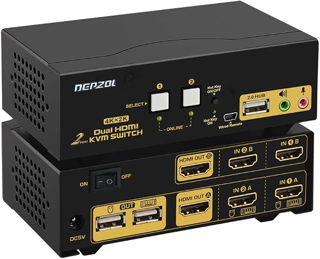 HDMI KVM Switch 2 Port Dual Monitor Extended Display 4K @30Hz, DEPZOL Dual View PC Monitor Keyboard Mouse Selector Box with Audio Microphone Output and USB 2.0 Hub for Computers and Laptop