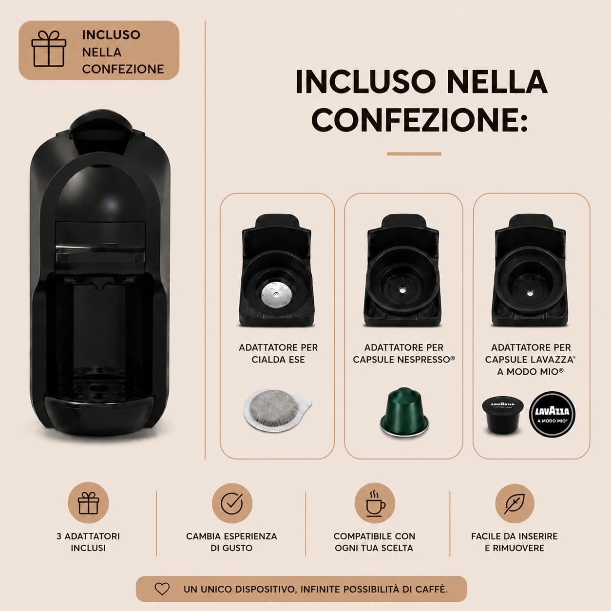 DIGIQUEST Macchina da caffè COFFY BLACK 3in1 compatibile con cialda, capsule Nespresso® e Lavazza® A Modo Mio® | Caffè corto e lungo | Potenza 1450 W | 0,6 Litri | 19 Bar