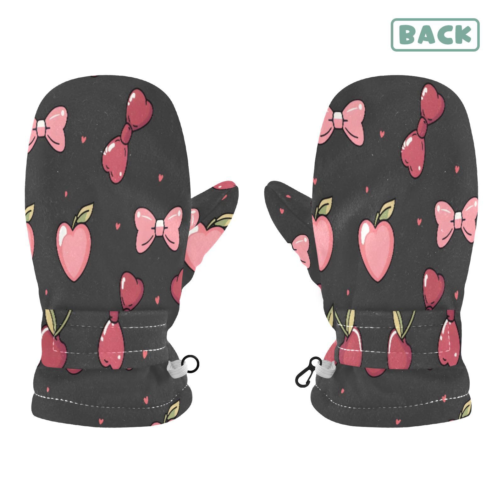 Kid's Winter Gloves Children Warm Gloves Cherry Heart Black Background for Boys Girl Age 4-6 Years
