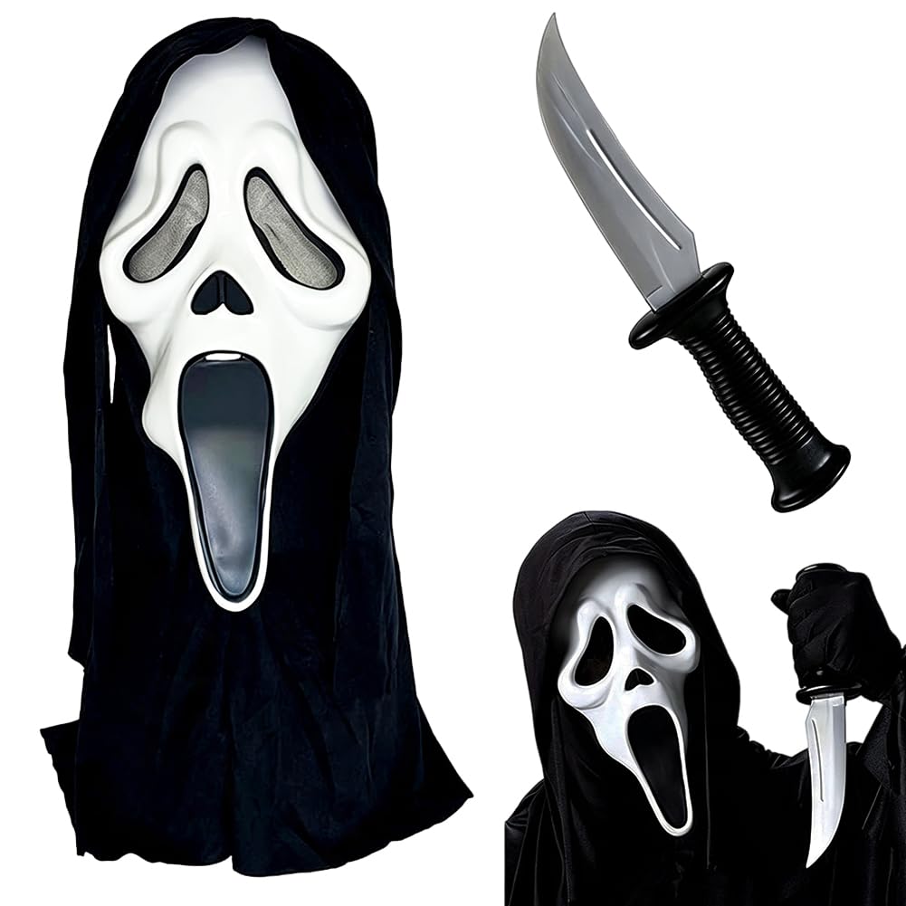 HATFRYF Halloween Mask, Horror Scary Mask, Natural Latex Scary Masks, with Hood & Knife Creepy Masks, Halloween Party Adults Costume Cosplay Props for Fancy Dress A