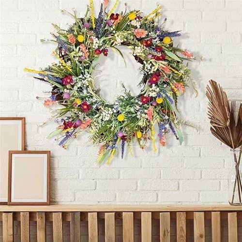 Spring Wreath for Front Door,Summer Wild Flower Artificial Daisy Front Door Wreath,Colorful Spring Summer Garland for Doors 18IN Wreath for Indoor and Outdoor Use, Farmhouse Home Party Wreath Decor