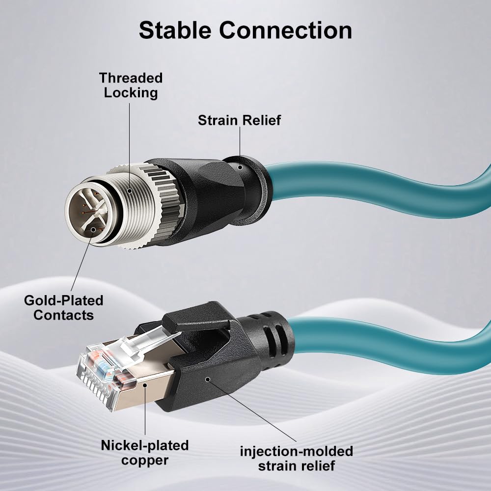 Alvin's Cables M12 8 Pin Male to RJ45 Shielded Ethernet Cable M12 X Coded 8 Position Cat6a Cable for Cognex Industrial Camera 15M/49.2ft