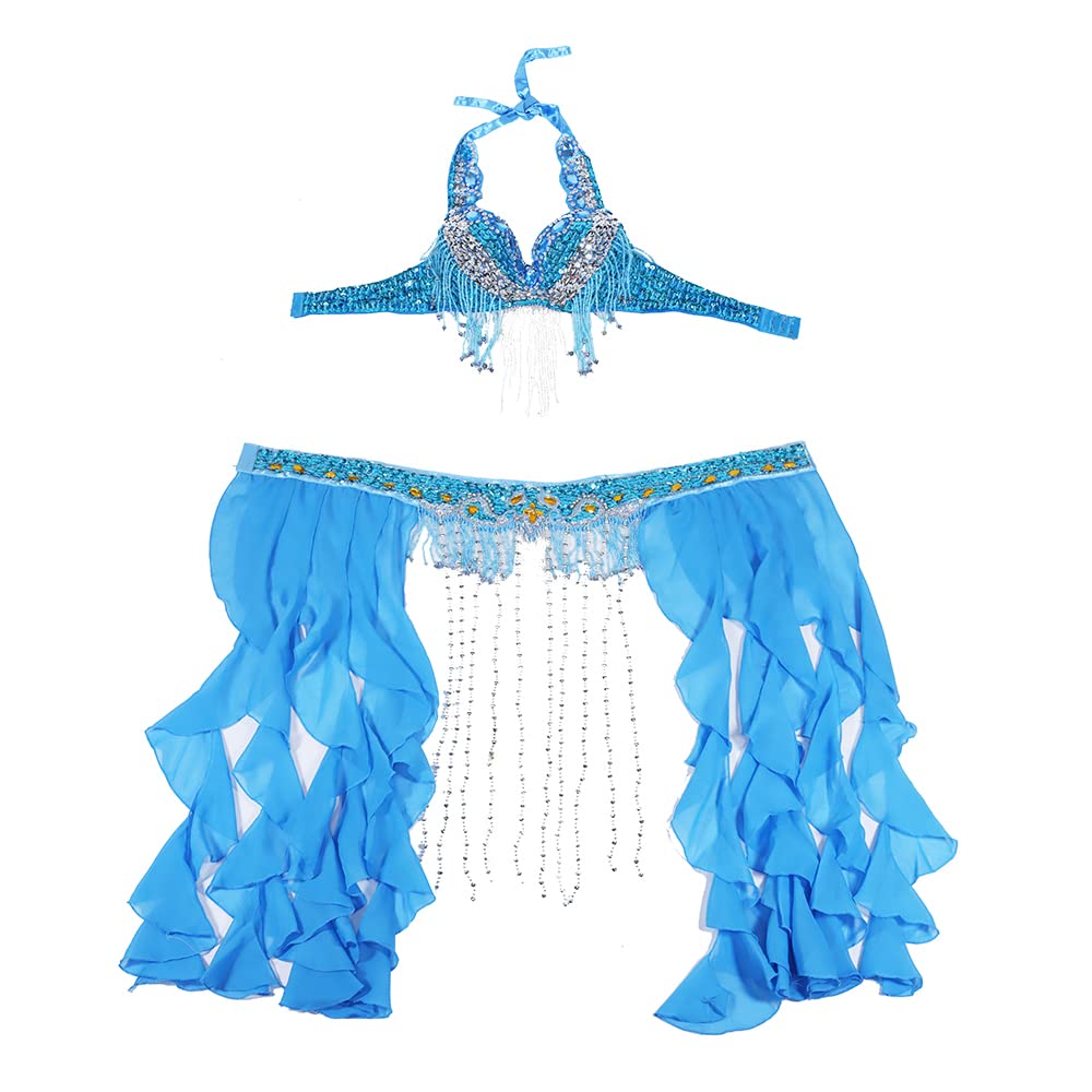 Pañuelo Danza del Vientre,Falda Lentejuelas Tamaño S-XL Performance Women Womenwear Professional 2 unids Outfit Beads Disfraz Belly Dance Bla Cinturón con franja (Color : Royalblye bra belt, Size :