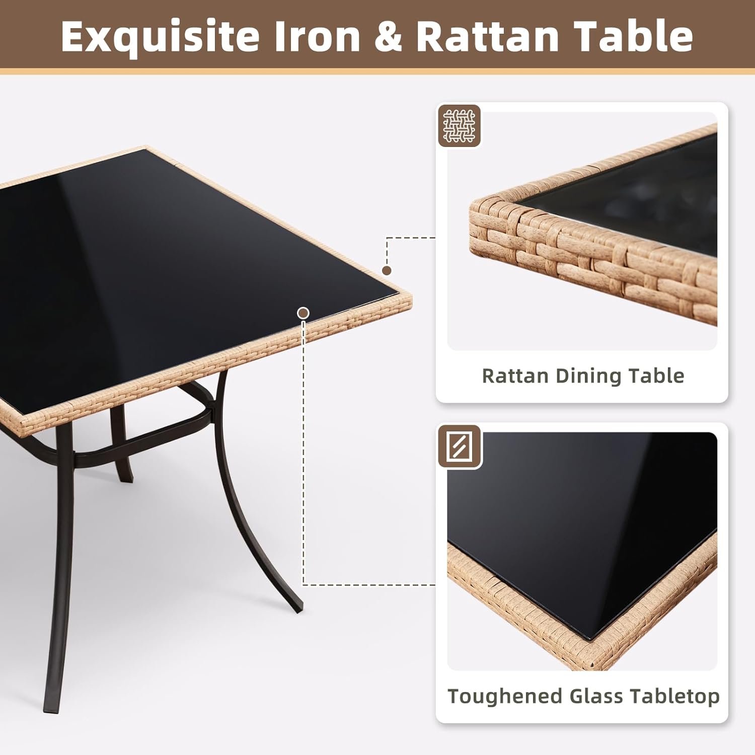 35.2-Inch Square Outdoor Dining Table, Weather-Resistant Rattan & Steel Frame with Tempered Glass Top, 4-Person Patio Furniture for Garden, Balcony, Backyard, Modern Black Bistro Table(Only Table)