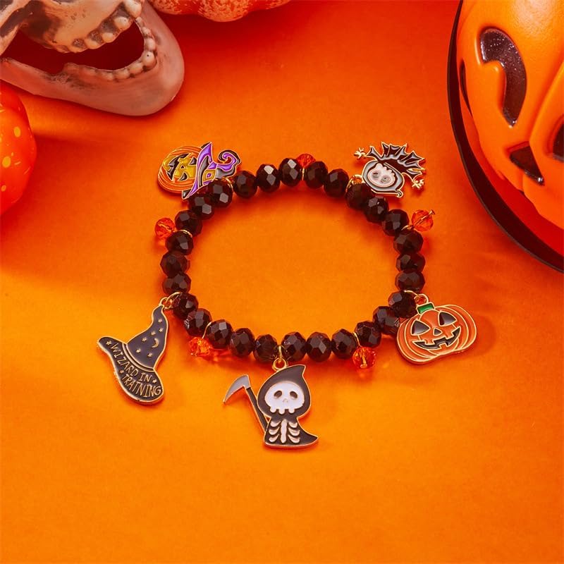 Halloween Enamel Pumpkin Bracelet Crystal Beads Witchy Hat Skull Jewelry Festival Charms for Women Statement Accessories Gifts - Image 5