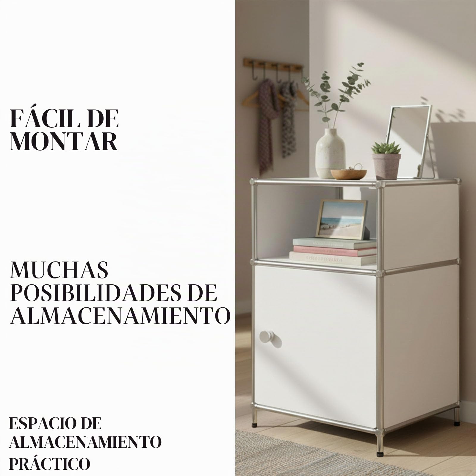 Floordirekt Concept Epure MK-040 - Estantería de metal, mesa auxiliar, color blanco, cromo, 65 x 40 cm, sistema modular de ranuras en diseño moderno, estantería de metal para salón, oficina, pasillo