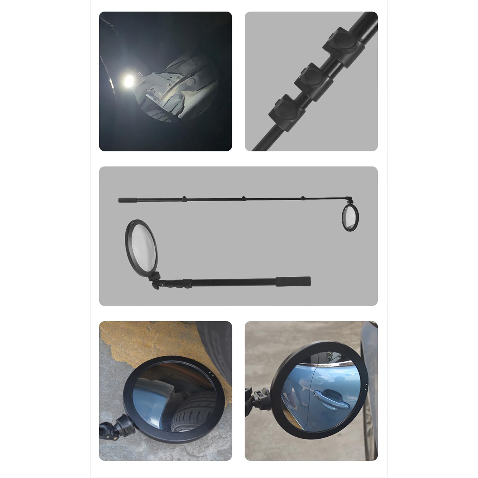 Espejo De Inspección para Bajos De Vehículo, Espejo Convexo Gran Angular Retráctil De 1,6 M con Luz LED, Rotación De 360°, Aumento De 2X, para Inspeccionar El Chasis Y Otros Objetos.