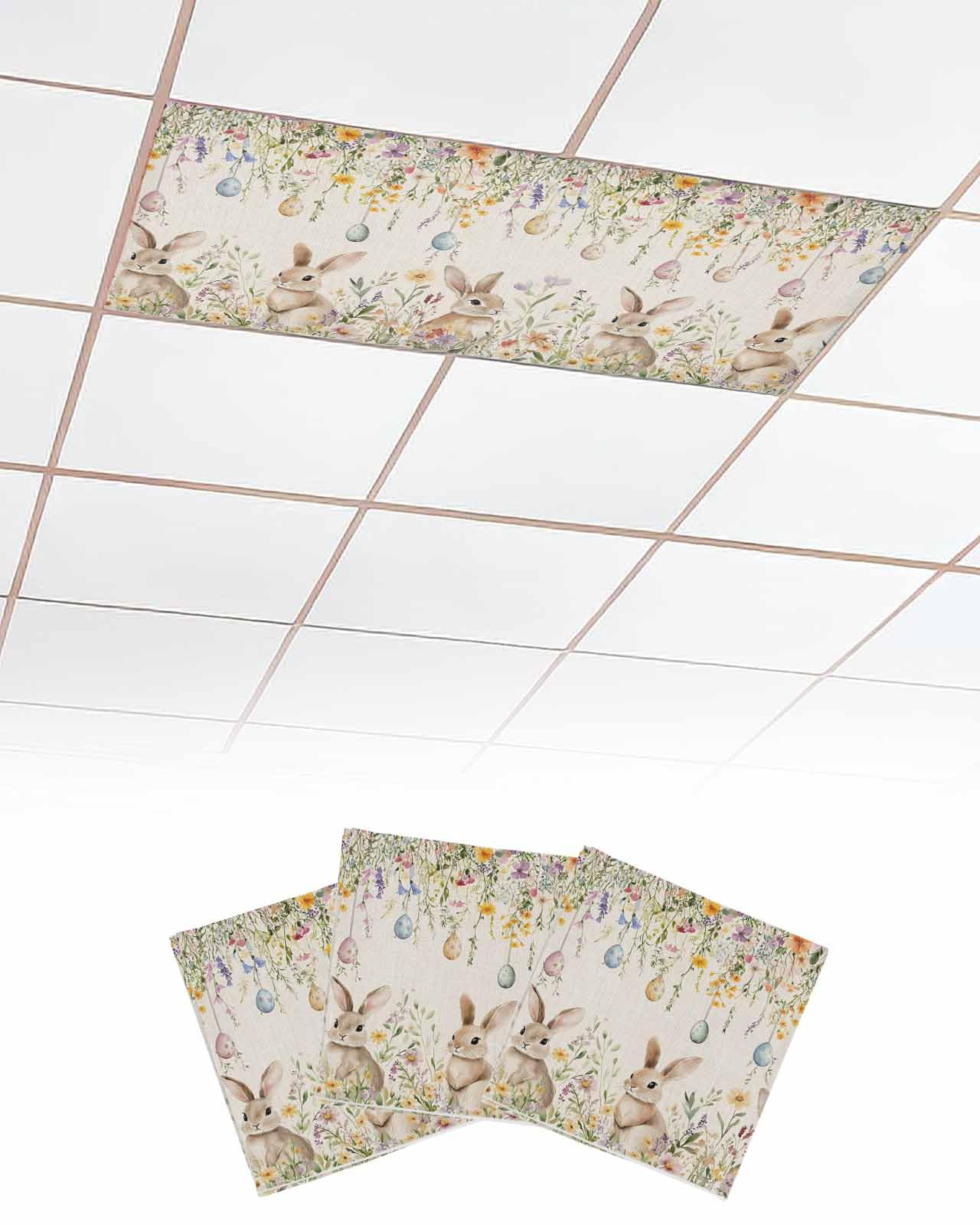 EwdeWwo Easter 3 Pcs Fluorescent Light Covers for Ceiling Lights, Flowers Rabbit Easter Eggs Linen Texture Magnetic Light Filters for Eliminate Harsh Glare Classroom Office Decoration, 4 x 2 Ft