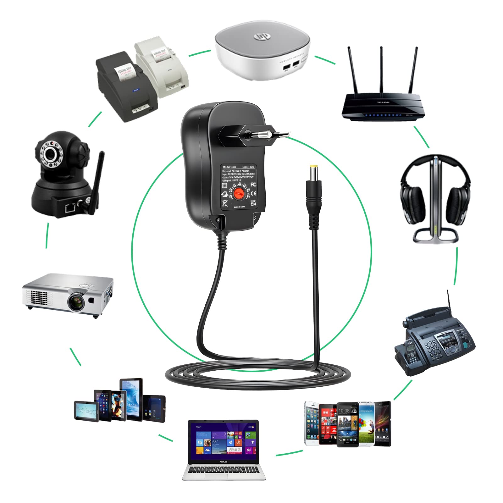 Adaptador De Corriente Universal YoniYa - 3V A 12V, 30W, Con 8 Enchufes Y USB ¡Para Casi Todos Tus Dispositivos!