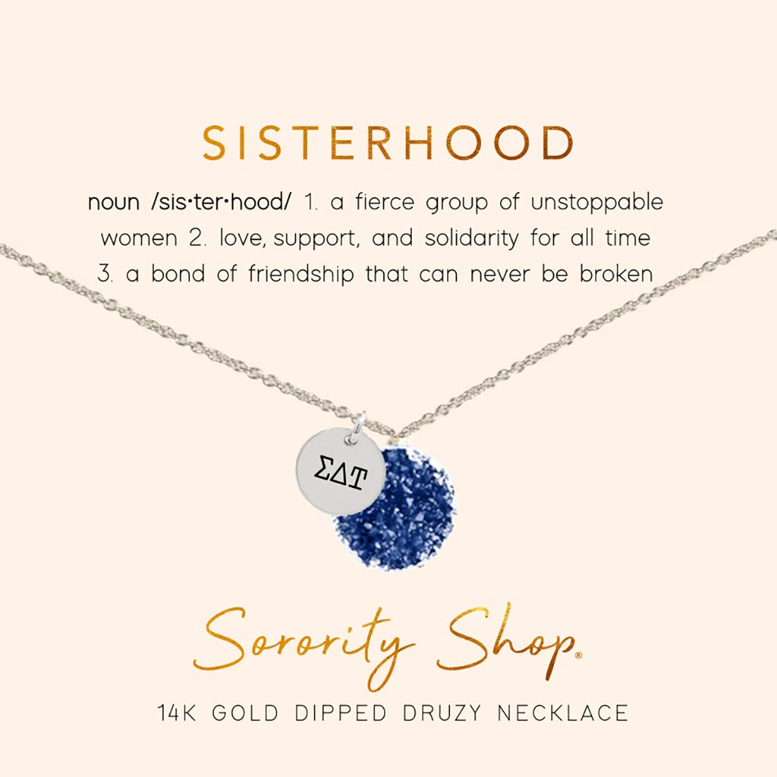 Sorority Shop SDT Necklace - Sigma Delta Tau Blue Druzy Gemstone Necklace With Engraved Pendant – Silver Rhodium Plated Jewelry with Blue Gemstone – Sorority Gift, Charm Paraphernalia