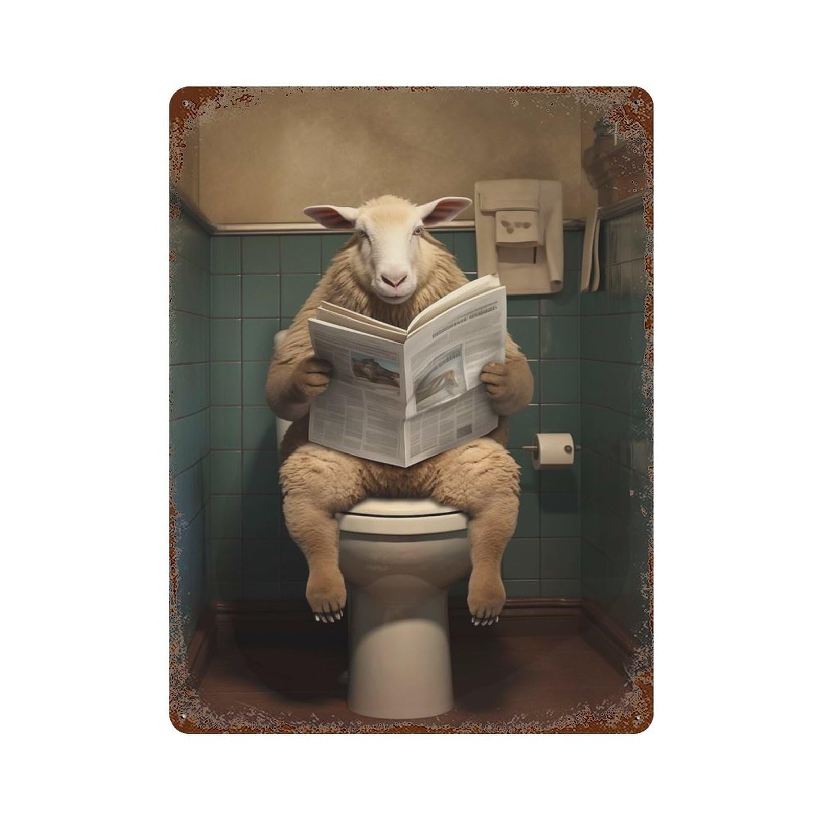 Retro Metal Sign with Sheep on Toilet Newspaper Design 15.7"x11.8", for Office, Studio And Wall Decor, Retro Wall Decor
