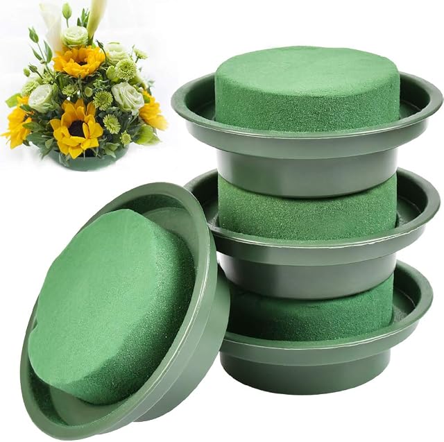 OFNMY 4 PACK Green Round Wet Floral Foam for Flower with Bowl, Flower Arrangement Kit Floral Foam, Sponge for Floral Crafts, Wedding Decoration, Table Ornament, Florist Supplies12 * 4cm