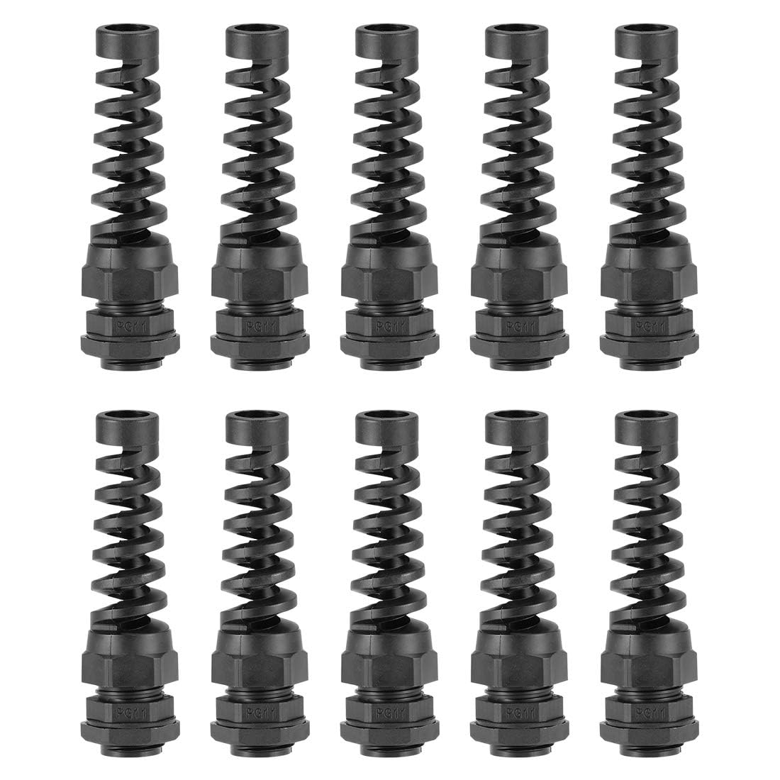 10 prensaestopas impermeables PG11 IP68 en espiral flexible para alivio de tensión, junta de nailon negro con juntas para rosca de alambre de 5-10 mm