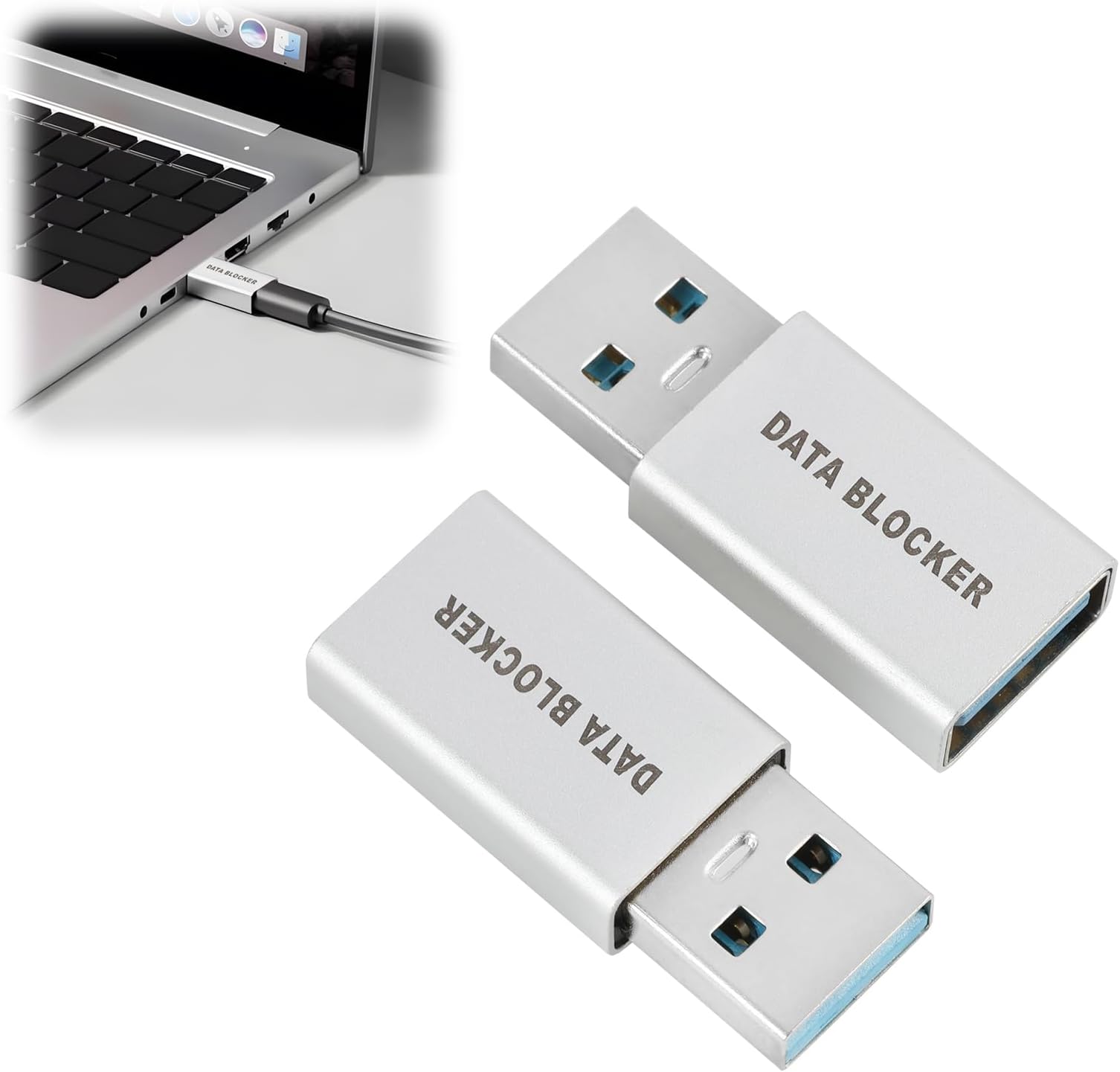 – USB Data Blocker with Secure Charging, Usb A to A, Compact and Portable Data Blocking Adapter, Protection Against Data Theft for Safe Charging in Public Places, Silver 2PCS