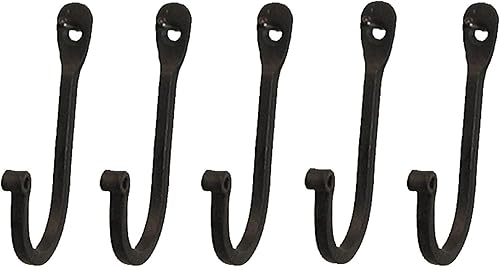 Early American - Ganchos de hierro forjado de una sola punta, juego de 5 sujetadores rústicos curvos de metal, decoración de pared colonial