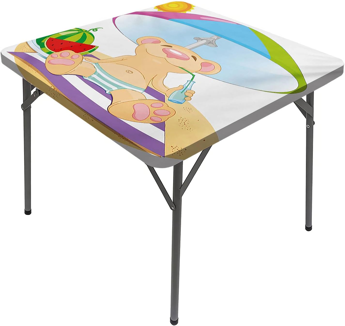 Cartoon Elastic Square Tablecloth, Bear on Beach Sunbathing Summer Day with Watermelon Square Dining Table Cover, Fits 52x52 inch Table, for Outdoor Indoor Holiday Picnic Party Cloth, Multicolor