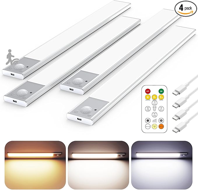 12" Ultra-Thin Under Cabinet Lighting Wireless, Aluminum Alloy Under Counter Lights for Kitchen, 3-Color-Temps Magnetic Closet Lights, Rechargeable Motion Sensor Light Indoor (4 Pack, Silver)