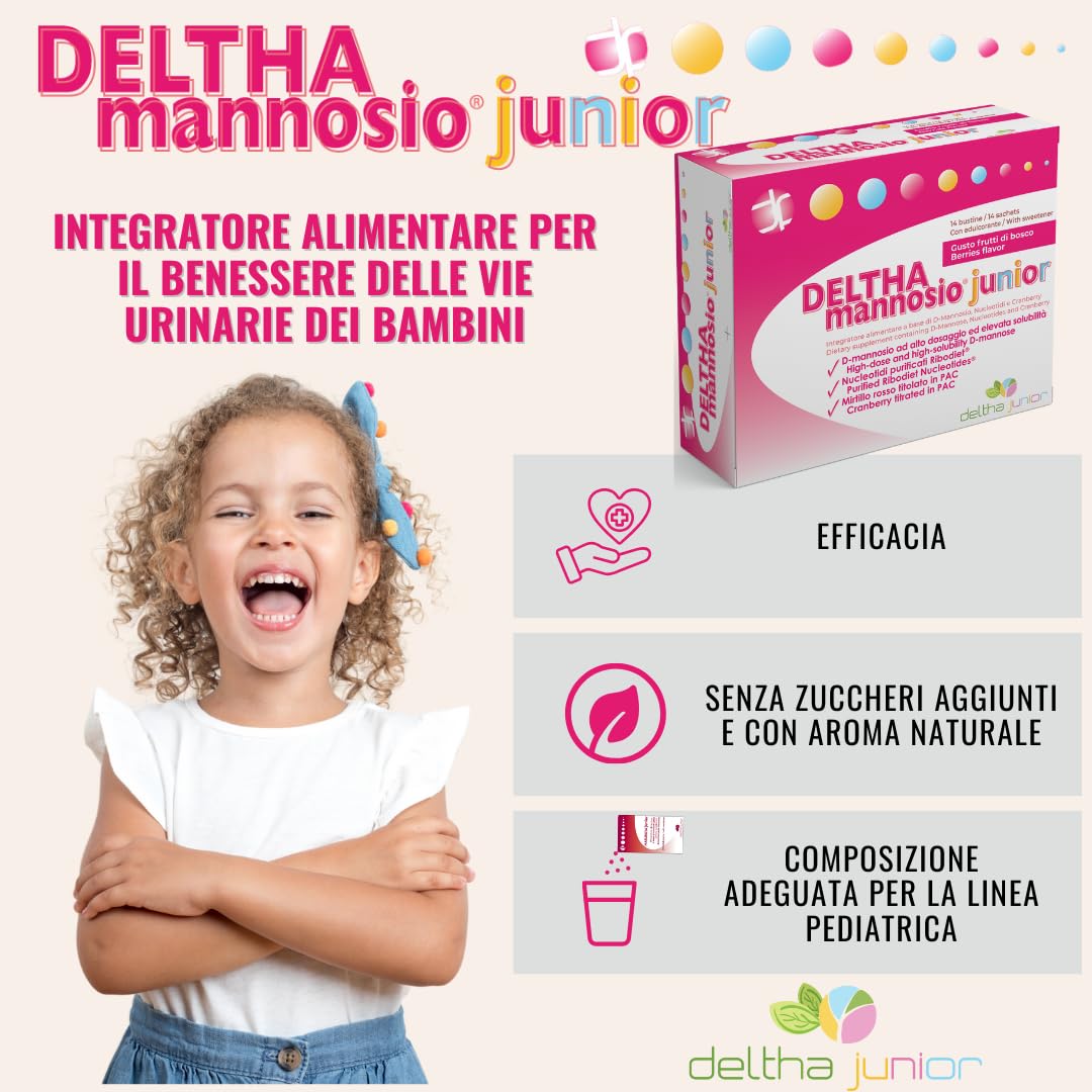 DELTHAmannosio Junior D Mannosio alto dosaggio 500mg Mirtilli rossi e nucleotidi purificati Made in Italy per le vie urinarie dei bambini