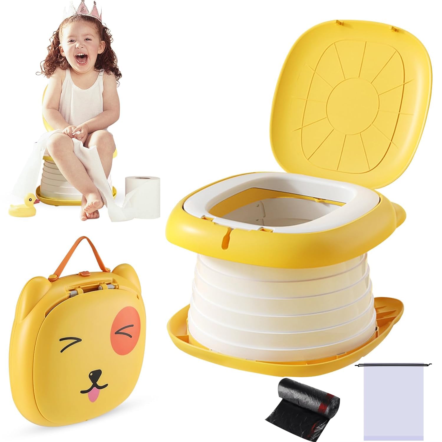 U-HOOME Portable Potty Training Seat for Toddler Travel,Toilet Potty Chair Potty Training Toilet Seat with Storage Bag Emergency Folding Toilet Toddler Travel Potty Seat Home Car Camping Use (Yellow)
