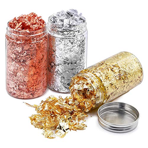 RBNANA Hoja de oro (3 botellas), oro, plata, cobre, copos de metal dorado para pintura, manualidades, fabricación de joyas de resina (5 g/botella) Cover