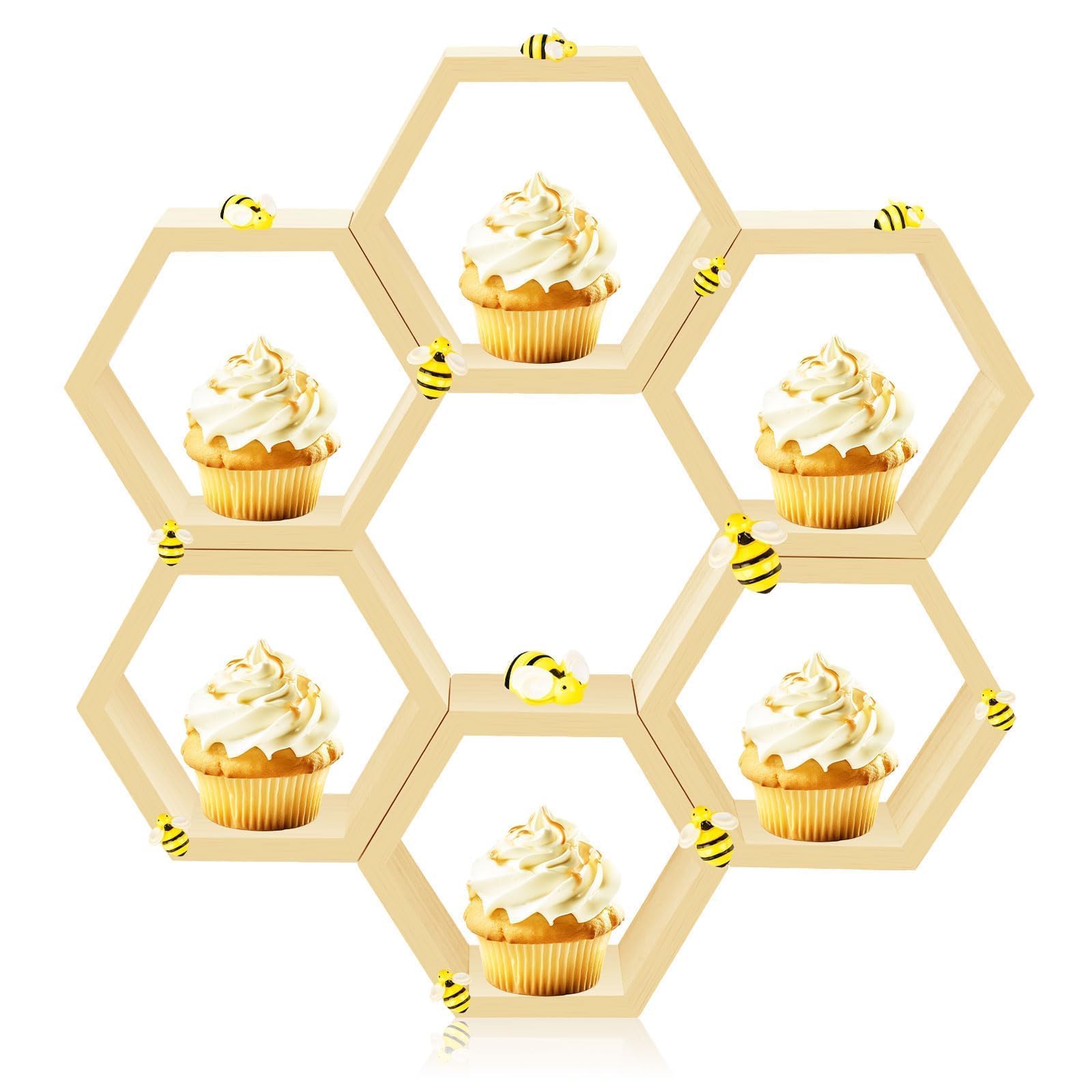 6 Pcs 4.13 Inch Honeycomb Cupcake Stand Cake Farmhouse Hexagon Display Holder Hexagonal Wood Cupcake Stand Floating Table Sign with Wooden Bee for