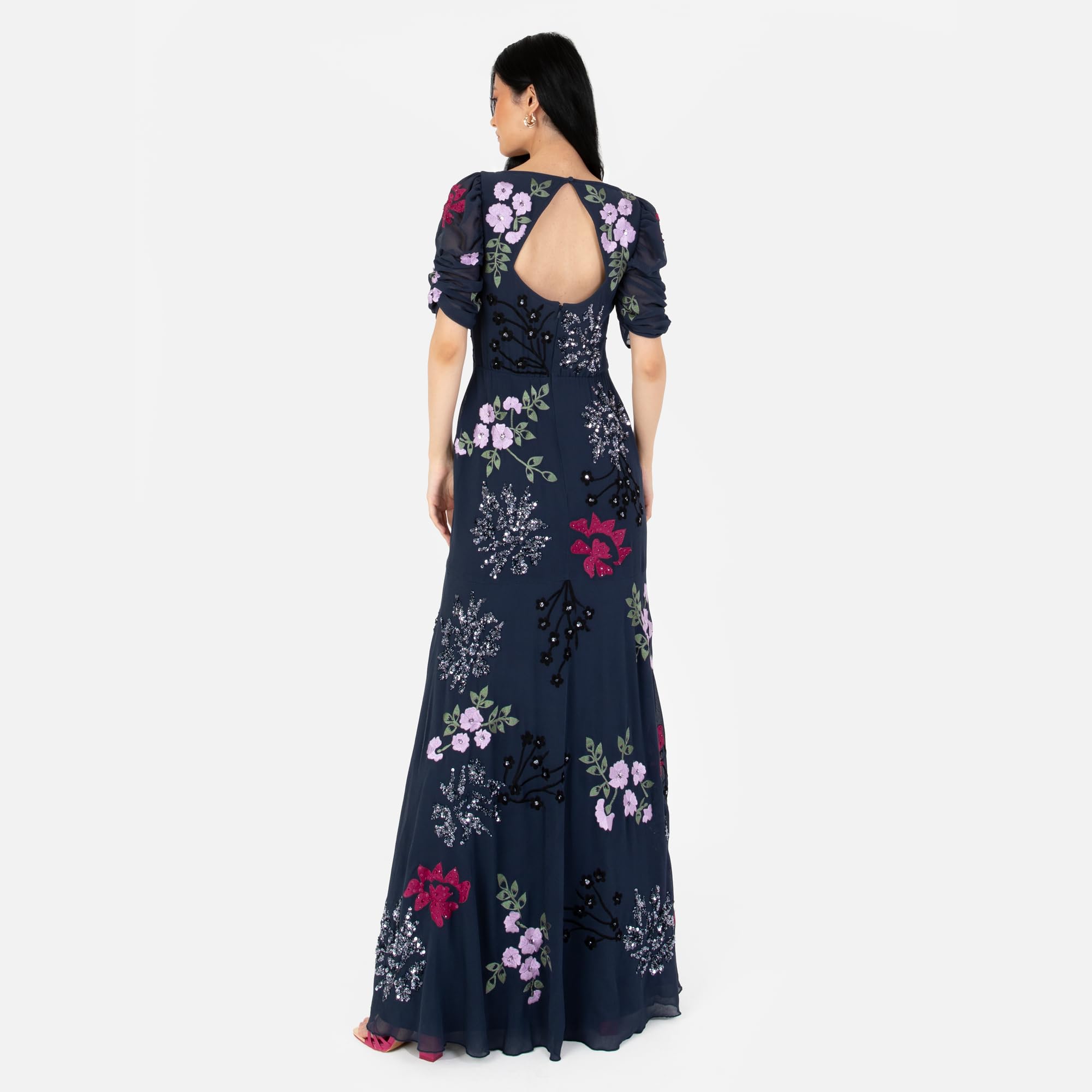 Maya Deluxe Women's Maxi Dress Ladies Embroidered Sweetheart Neckline Ruched Sleeves for Wedding Guest Bridesmaid Prom Ball Gown, Vestido Mujer, Navy,