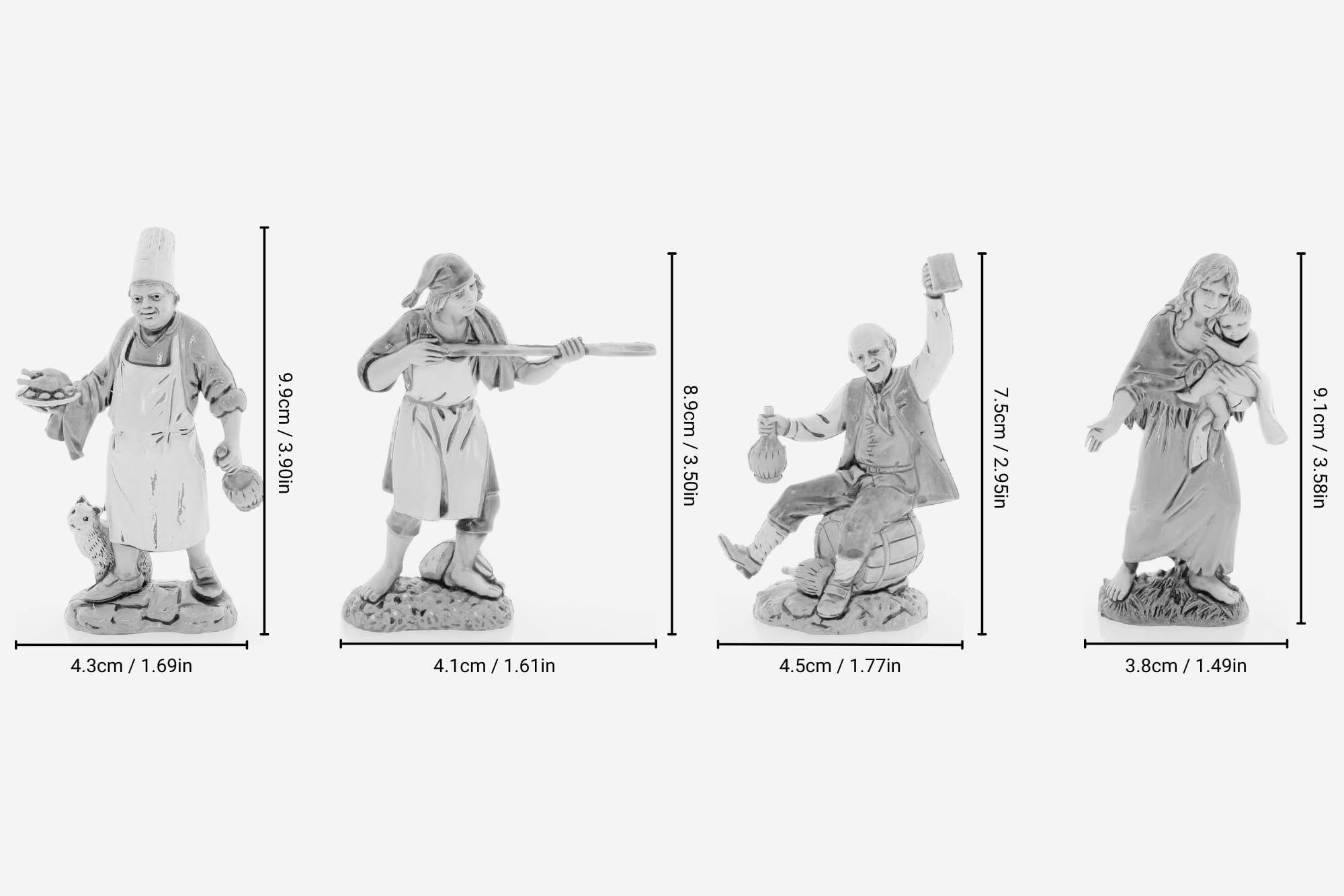 Moranduzzo Set 4 Pastori Napoletani H Medio 9 cm per Presepe da 10 cm – Scala 1:20 – STANDARD 10 – Statuine Indistruttibili, Stile '700, Rifinite a Mano, Scultore M. Landi
