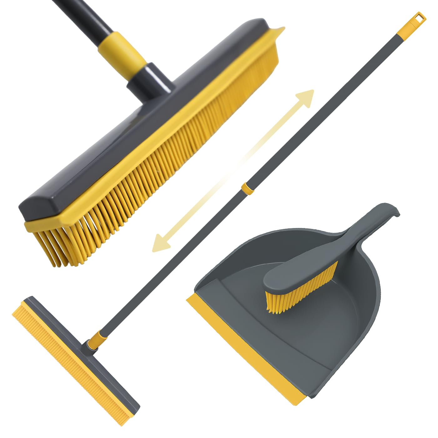 Knight Grey With Yellow Rubber Broom & Dustpan Rubber Brush Set, Telescopic Extendable Long Handle, Silicone Carpet Cleaning Broom & Brush, Broom With Squeegee For Pet Hair Removal & Floor Cleaning - Grey/Yellow.