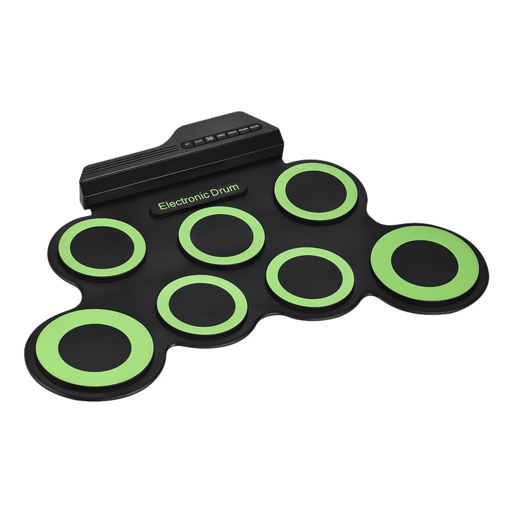Kit de batería enrollable digital digital portátil de tamaño compacto, 7 almohadillas de silicona alimentadas por USB con baquetas, pedales de pie de 3,5 mm, cable de audio para practicar