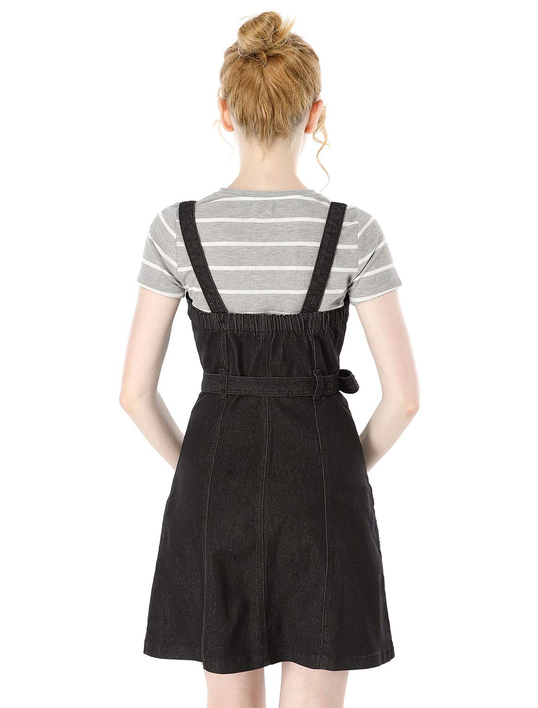 Allegra K Damen A Linie Knopfleiste Bindegürtel Jeans Latzkleid Kleid