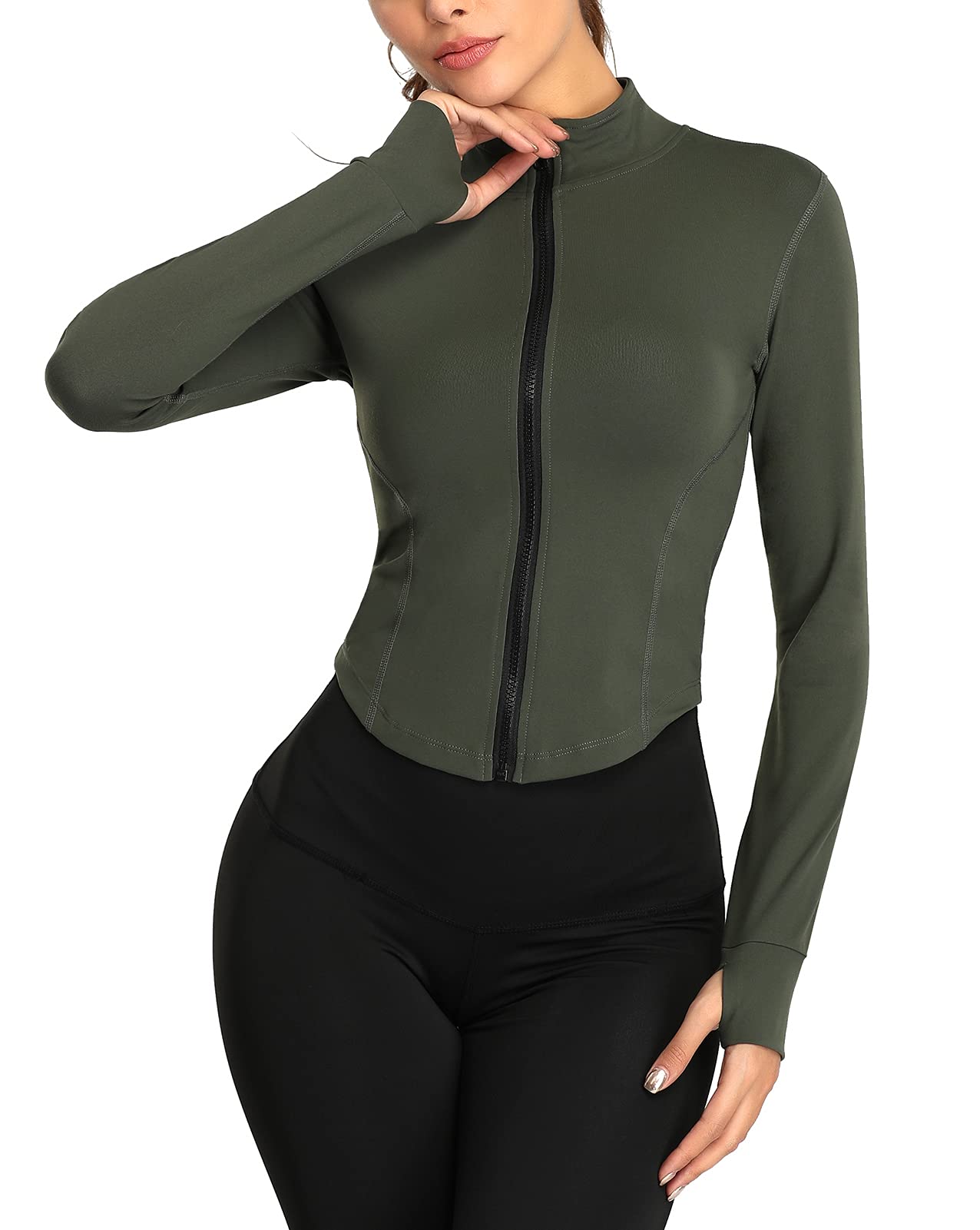 Maeau Women's Running Jacket Slim Fit Track Jacket with Thumb Holes Full Zip Athletic Yoga Jacket Fitness Top White-image-4