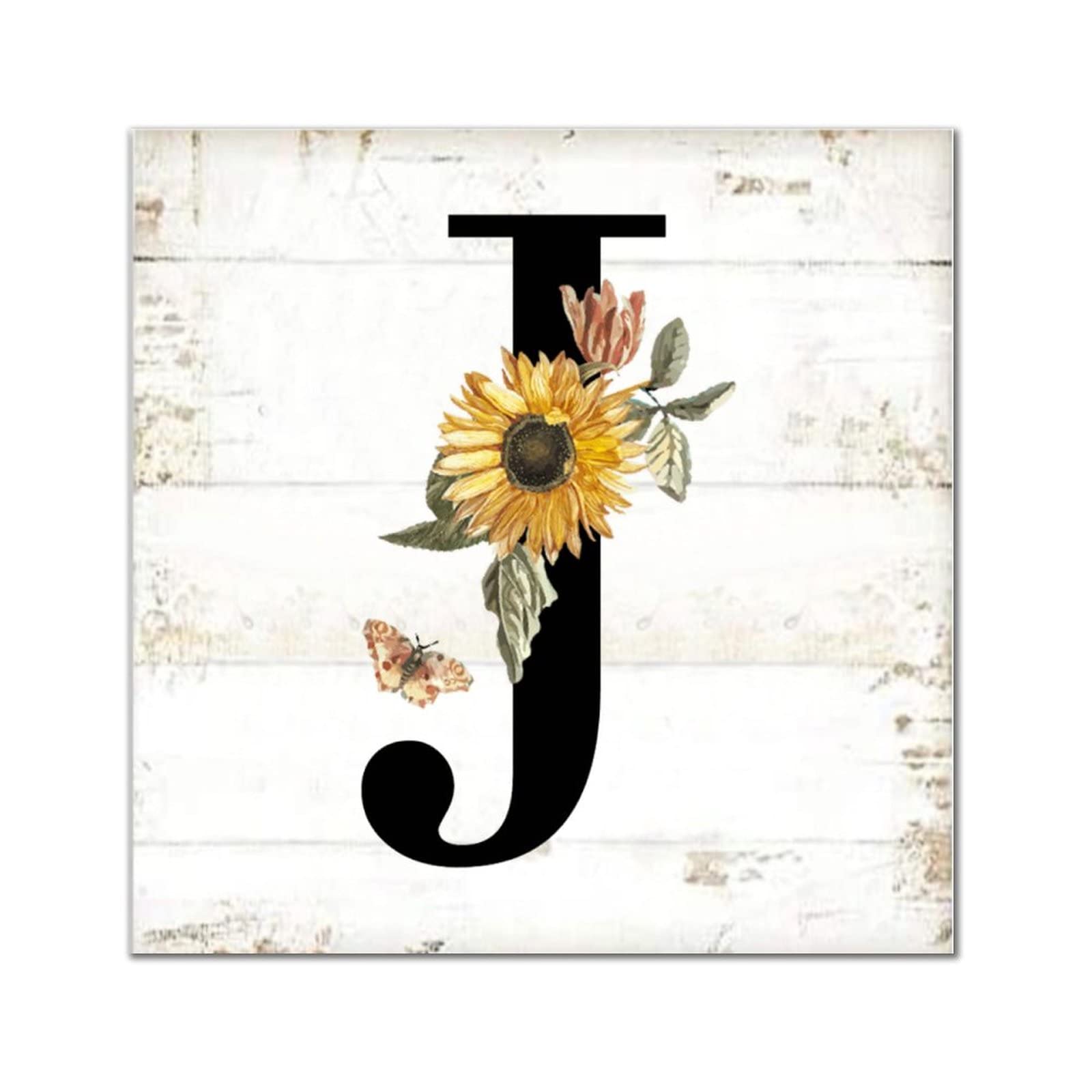 Lettres en bois monogramme J déco murale rétro noire motif tournesol pour salon et chambre