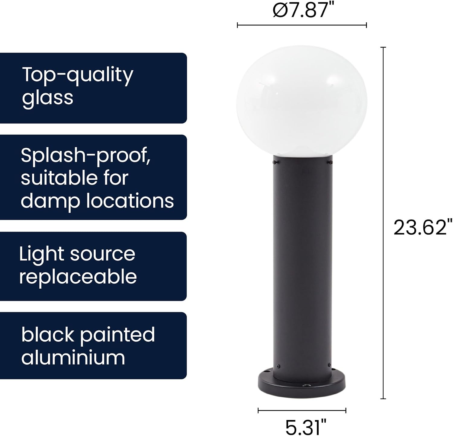 23.6" Outdoor Post Light, Modern Outside Bollard Light with Opal Glass Globe, Black Aluminum Pathway Lamp Post Light for Walkway Driveway Patio Garden, Hardwired, E26 Bulb Not Included