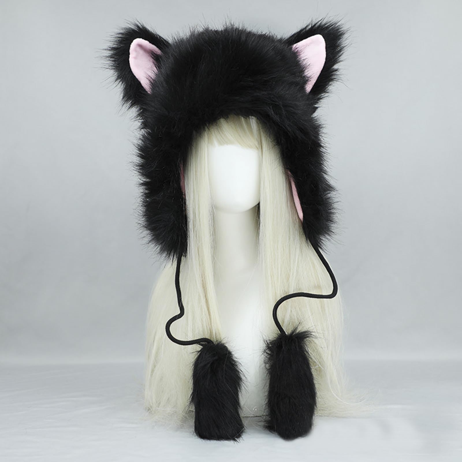 Cute Warm Plush Furry Faux Fur Hood Hat Spirit Ears Wolf Bear Cat Halloween Costume Xmas Winter Hood Black