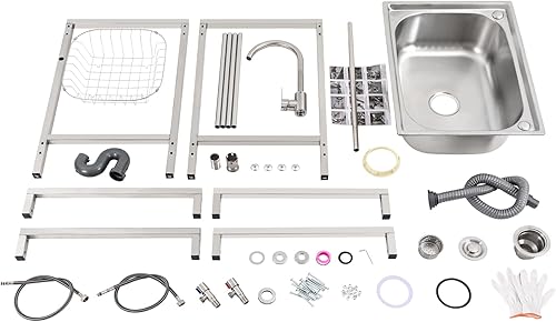 Miniatura 6 de Fregadero utilitario independiente de cocina de un solo tazón con grifo, fregadero de acero inoxidable con moldeado integrado para lavadero, baño,