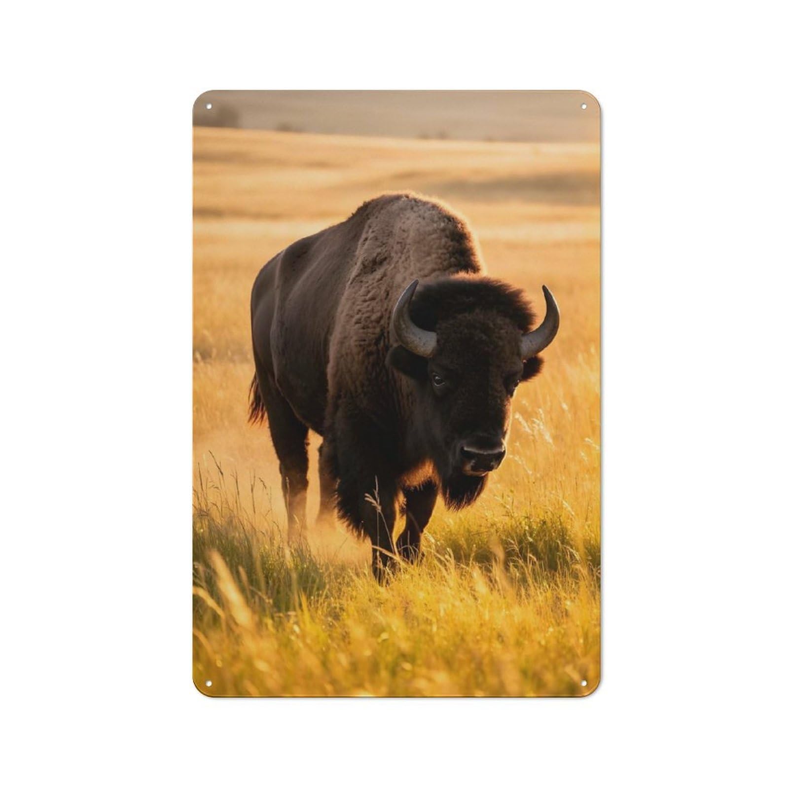 Bison in Golden Field Rustic Metal Plaque 30x20cm for Hobby Room Or Studio, for Creative Interior Collectors