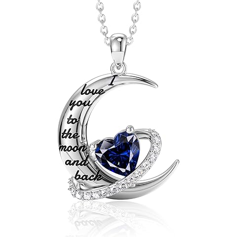 Distance I Love You to The Moon and Back Necklace, S925 Sterling Silver Heart Birthstone Necklace, Birthday Valentines Jewelry Gifts for Women Wife Lovers