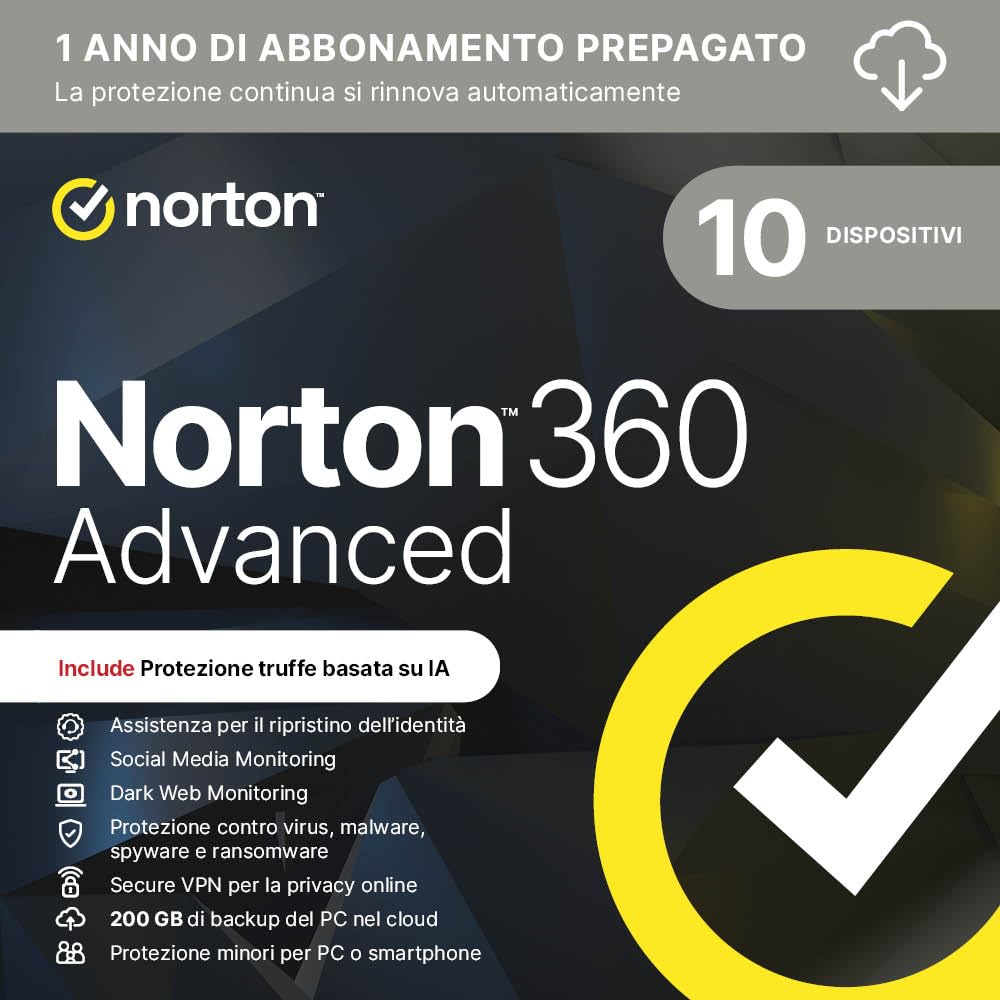 Norton 360 Advanced 2025 | Antivirus per 10 dispositivi | 200 Gb di backup | Licenza di 1 anno con rinnovo automatico | PC, Mac, tablet e smartphone | Codice d'attivazione via email